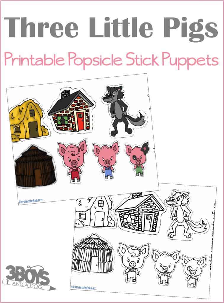Continue the Three Little Pigs story with these printable popsicle stick puppets