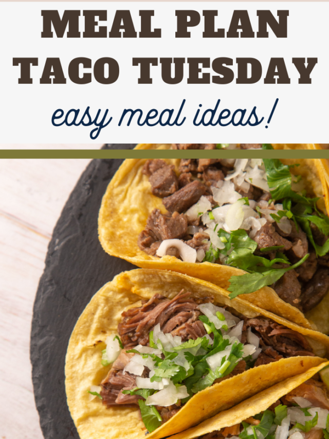Image of three beef tacos topped with chopped onions and lettuce on a slate plate. Above them, text reads MEAL PLAN TACO TUESDAY easy meal ideas! Perfect for taco night, this meal planning inspiration adds flavor to your week.