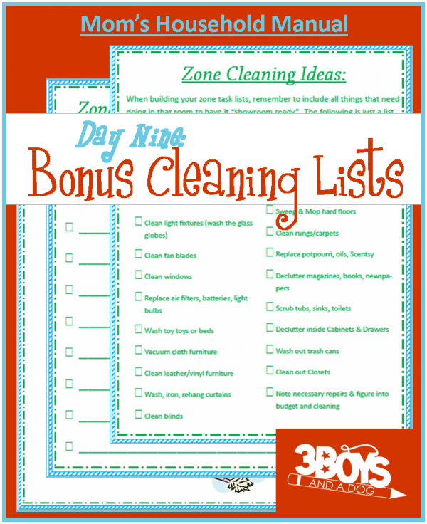Cleaning lists for playroom, living room, office, laundry room, and more