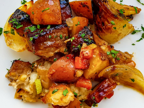 pork roast and veggies come together in a one pot dish for a quick dinner