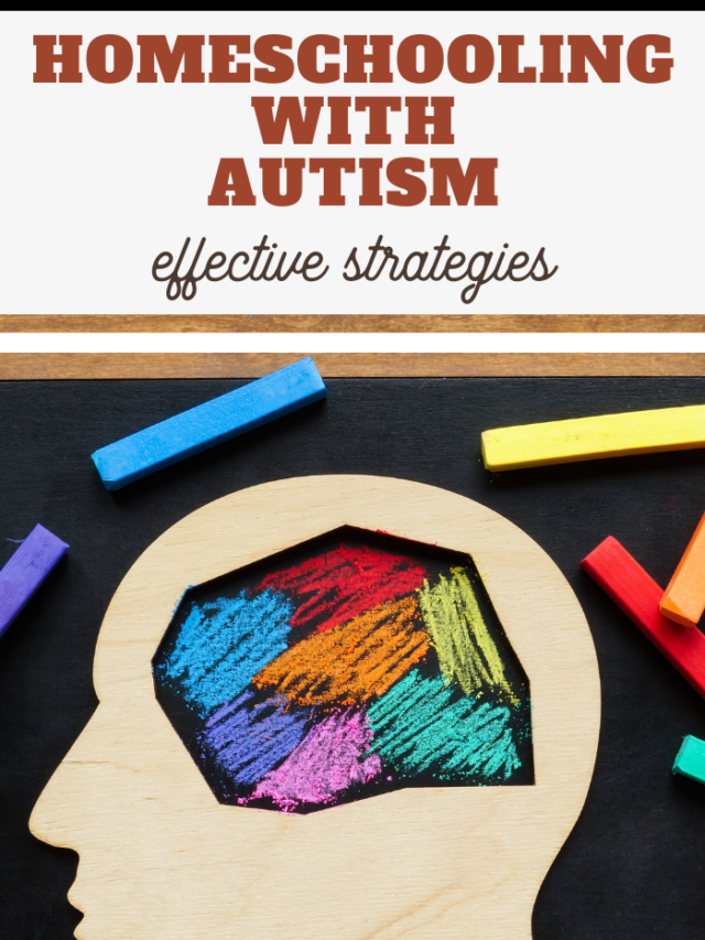 A cut-out of a human head on a wooden surface filled with colorful chalk, symbolizing creativity in homeschooling. Surrounded by additional chalk pieces, it illustrates autism strategies. Above, the text reads: Homeschooling with Autism: Effective Strategies.