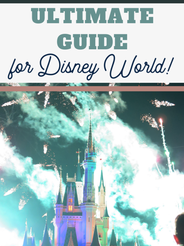 Fireworks burst above an illuminated castle at night, creating a magical scene. The text reads "Ultimate Guide for Disney World!" with a festive and colorful backdrop, offering an exciting overview of the enchanting attractions awaiting you.