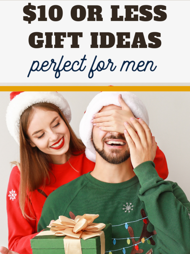 A woman in a Santa hat playfully covers the eyes of a smiling man in a green holiday sweater and Santa hat. He holds a gift wrapped in green paper with a gold bow. The text reads, $10 or Less Budget Stocking Stuffers Perfect for Men.