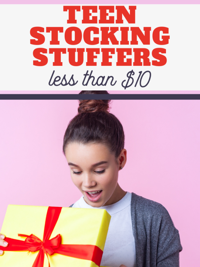 A surprised teenage girl holds a yellow gift box with a red ribbon against a pink background. The text above reads: Trendy Phone Accessories and Teen Stocking Stuffers for less than $10.