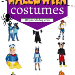 Purple Halloween graphic with the words “what to do with old Halloween costumes” and children dressed as Disney-style characters