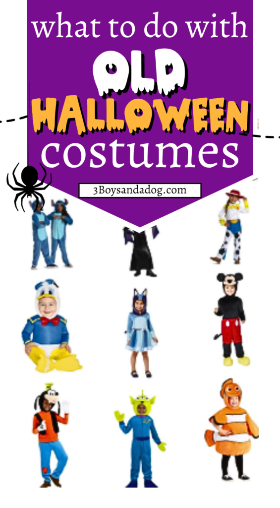 Purple Halloween graphic with the words “what to do with old Halloween costumes” and children dressed as Disney-style characters