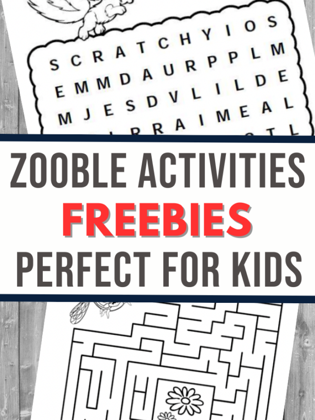 A word search and a maze are partially visible on a sheet with the text, Zooble Activity Pack Freebies Perfect for Kids, highlighting Freebies in red. A drawing of a bee, flower, and sun decorates the black and white page, making these printables fun for young Zoobles fans.