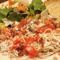 Spaghetti Alfredo with Bacon, Mushrooms and Tomato