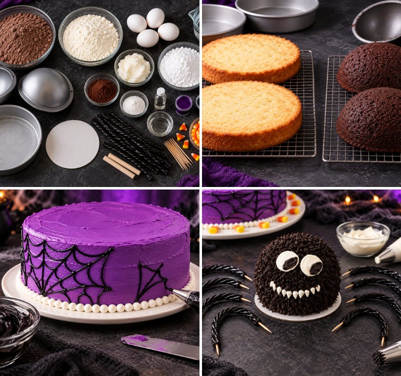 Four steps for making a spider cake: ingredients and pans laid out, vanilla cake layers and chocolate dome cakes cooling on racks, the purple frosted cake with piped black spiderwebs, and the chocolate spider body with licorice legs ready to attach