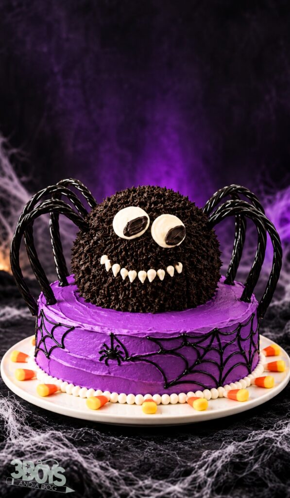 Halloween spider cake with a round chocolate frosting body, white frosting eyes and fangs, black licorice legs, and a purple frosted base piped with black spiderwebs and ringed with candy corn