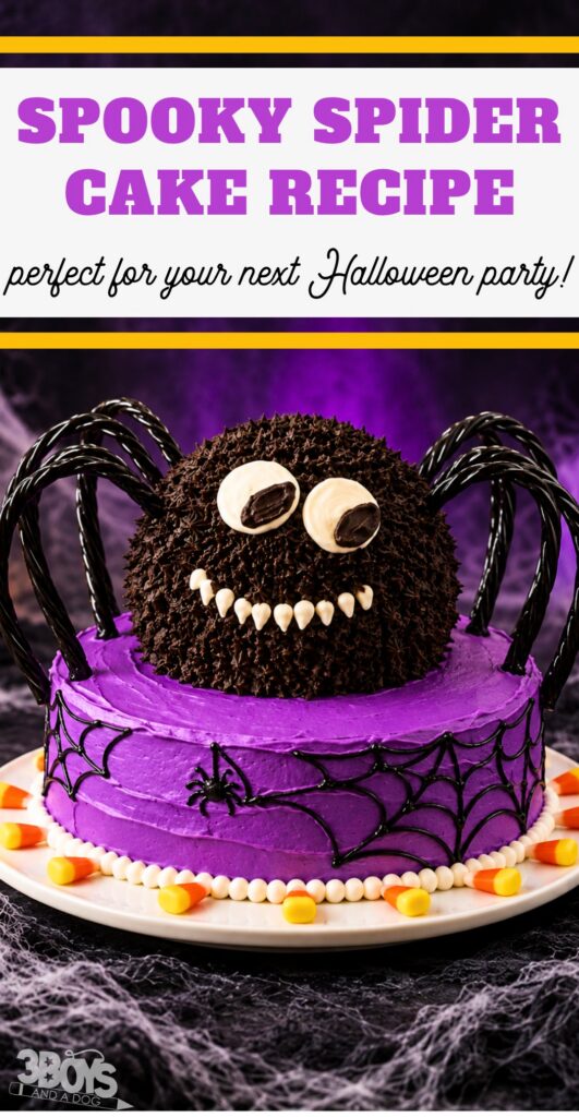 Spooky Spider Cake Recipe, perfect for your next Halloween party: a chocolate frosted spider with licorice legs on a purple spiderweb cake