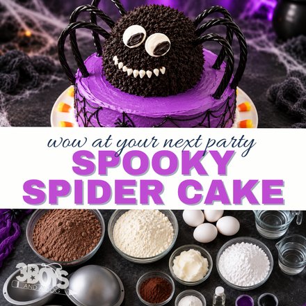 Spooky Spider Cake, wow at your next party: spider cake with licorice legs above the baking ingredients and dome pans