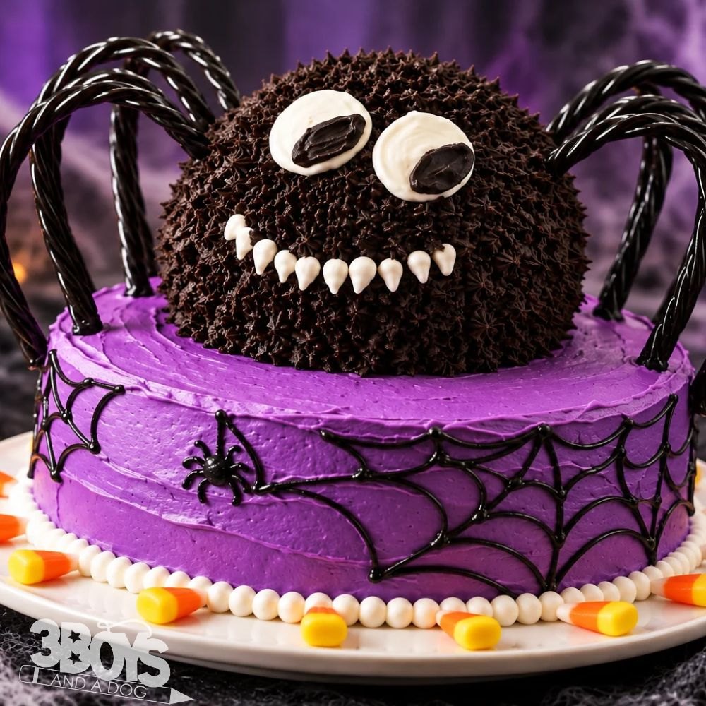 Close-up of a spooky spider cake with a star-piped chocolate body, googly frosting eyes, white fangs and black licorice legs on purple frosting