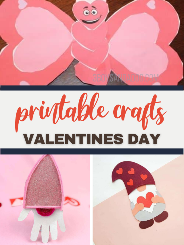 Collage of Valentines Day crafts: a heart-shaped butterfly, a card with free printable Valentines Crafts text, a handprint gnome with a pink hat, and a gnome envelope adorned with heart decorations.