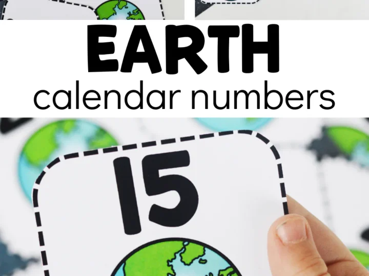 A hand holds a card with the number 15 and an Earth illustration, perfect for Earth Day-themed educational ideas. Other cards numbered 2, 14, and 15 are scattered around with Earth calendar numbers written nearby, alongside colorful pom-poms.
