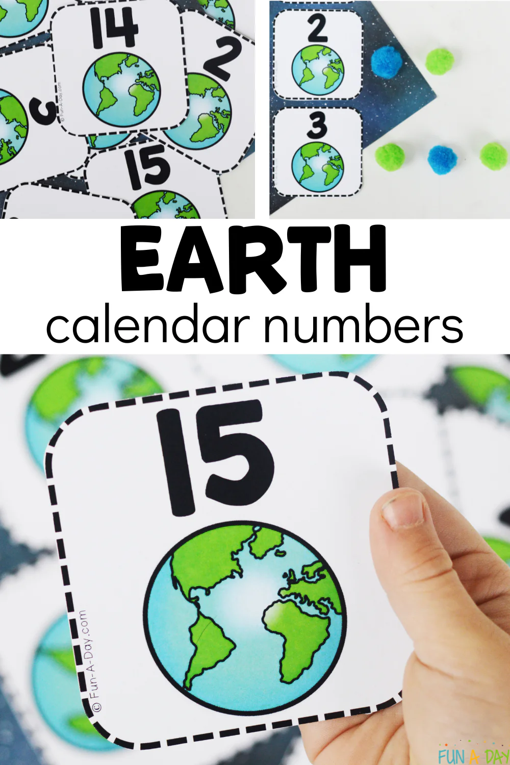 A hand holds a card with the number 15 and an Earth illustration, perfect for Earth Day-themed educational ideas. Other cards numbered 2, 14, and 15 are scattered around with Earth calendar numbers written nearby, alongside colorful pom-poms.