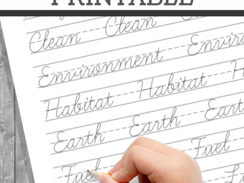 A childs hand grips a pencil, carefully inscribing words like Clean, Environment, and Earth on an Earth Day Cursive Handwriting Printable. Above, a banner proudly displays the title, highlighting the significance of this eco-friendly learning activity.