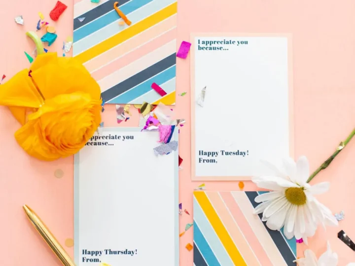 Colorful appreciation cards with “I appreciate you because…” text, surrounded by flowers, confetti, and a gold pen on a pastel background.
