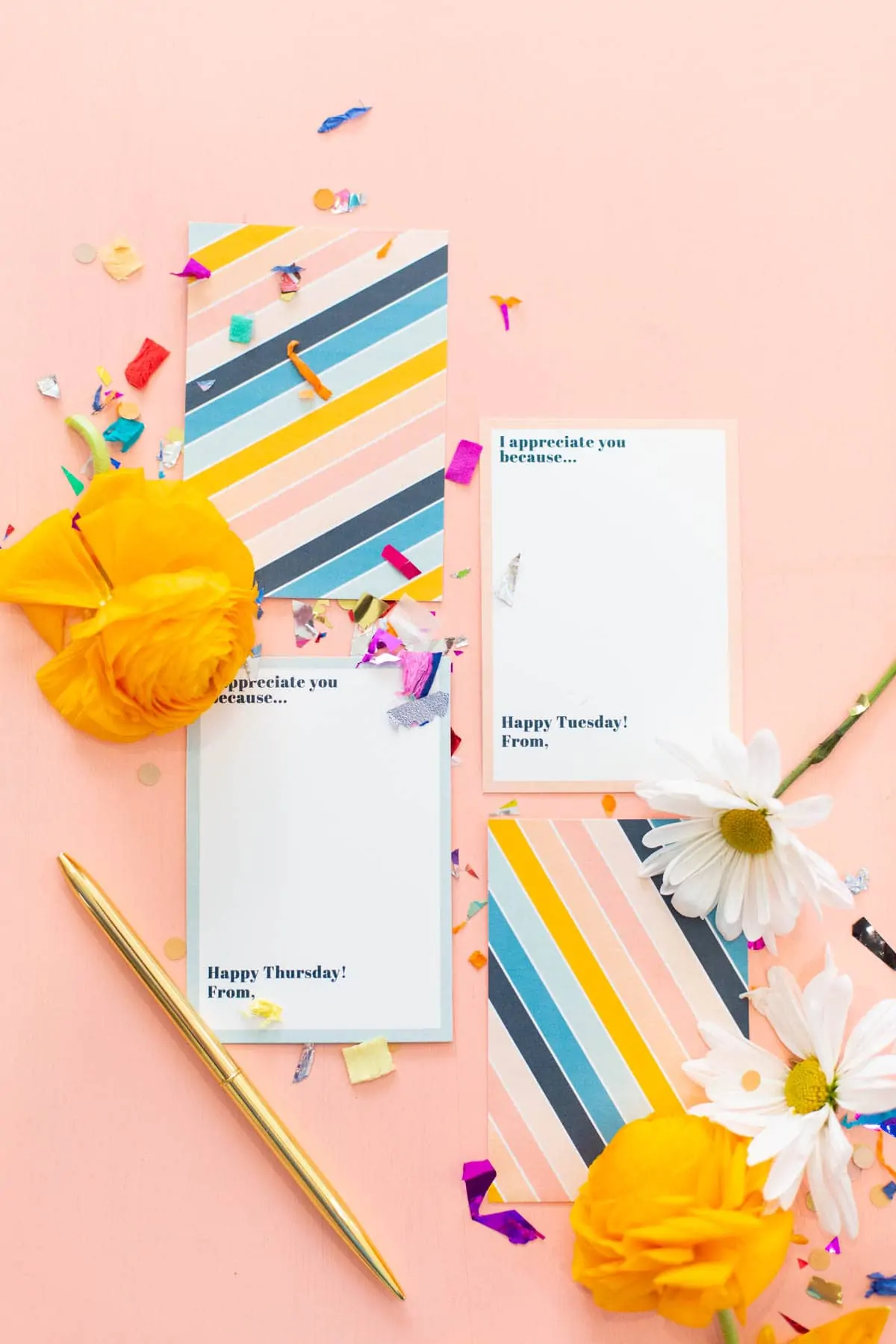 Colorful appreciation cards with “I appreciate you because…” text, surrounded by flowers, confetti, and a gold pen on a pastel background.
