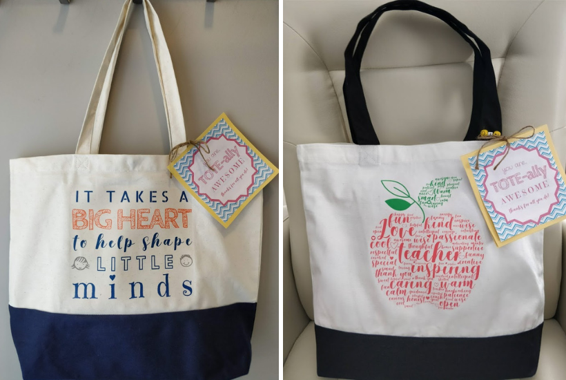 Two teacher appreciation tote bags with printed designs and gift tags, including a message about shaping young minds and an apple graphic with teacher-themed words.