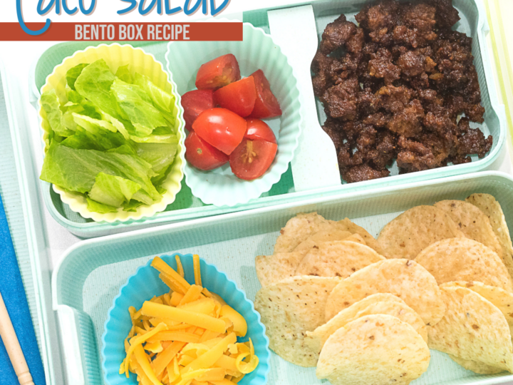 Bento box with taco salad ingredients: crisp lettuce, juicy cherry tomatoes, seasoned ground beef, shredded cheese, and crunchy tortilla chips. Text reads Taco Salad Bento Box Recipe, showcasing one of many delicious recipes using lettuce.