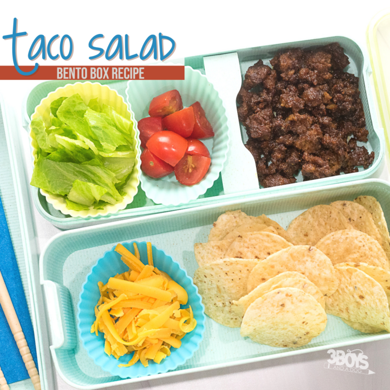 Bento box with taco salad ingredients: crisp lettuce, juicy cherry tomatoes, seasoned ground beef, shredded cheese, and crunchy tortilla chips. Text reads Taco Salad Bento Box Recipe, showcasing one of many delicious recipes using lettuce.
