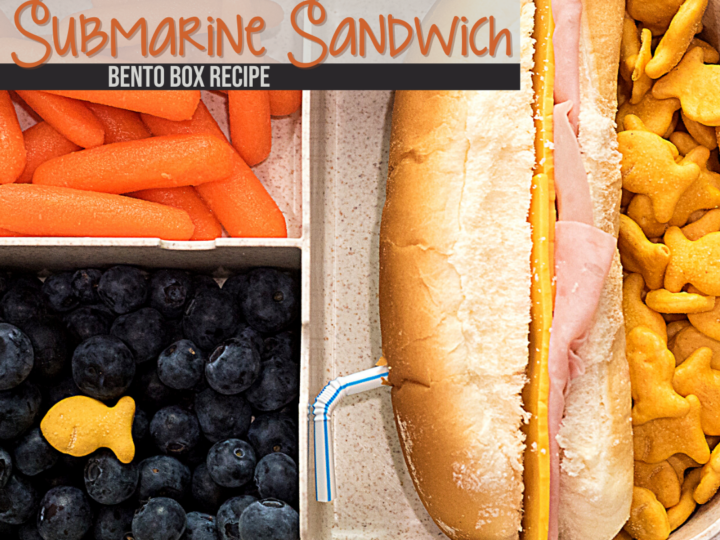 A bento box featuring a submarine sandwich with ham and cheese, baby carrots, juicy blueberries crowned with an orange fish cracker, and a side of orange fish-shaped crackers. Perfect for those seeking bento-style lunches for adults. Text reads Submarine Sandwich Bento Box Recipe.
