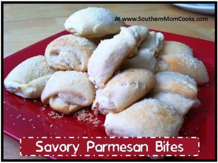 A red plate showcases a delicious stack of golden-brown Savory Parmesan Bites, delicately sprinkled with cheese. The website SouthernMomCooks.com is elegantly displayed in the top corner.