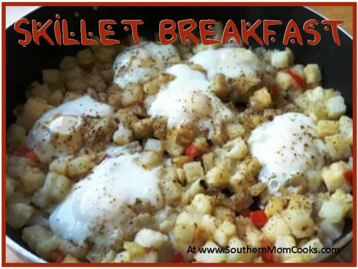 An easy skillet breakfast featuring diced potatoes, red bell peppers, and eggs sprinkled with black pepper. Text at the top reads Easy Skillet Breakfast, and a website URL is at the bottom.