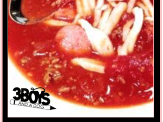 A steaming bowl of Crockpot pizza soup, brimming with a rich red tomato base, melted cheese, and generous chunks of meat. The text Crockpot Pizza Soup elegantly curves at the bottom alongside a small logo in the corner.