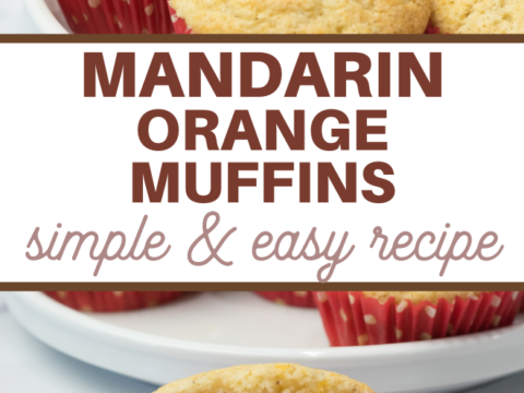 A group of Mandarin orange muffins in red paper liners is displayed on a plate. One muffin is broken open to show the inside, perfect for Halo Orange recipes. Text reads Mandarin Orange Muffins: simple & easy recipe. A plaid cloth is in the background.