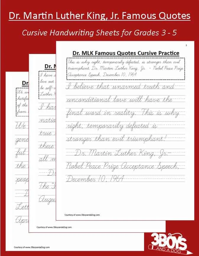 Famous Martin Luther King Quotes made into cursive handwriting worksheets for grades 3-5