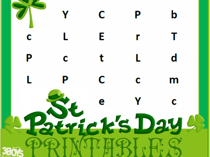 St. Patricks Day themed word puzzle for C is for Clover. The puzzles randomly arranged letters are complemented by decorative clovers and the text Saint Patricks Day Printables, making it a festive and fun activity.