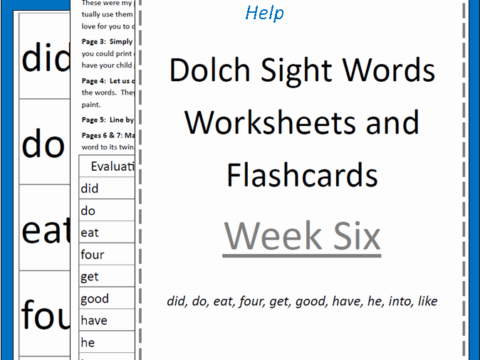 The blue and white cover for Dolch Sight Words Worksheets: Week 6 highlights words such as did, do, eat, and four. It features sections for reading help and flashcards, complete with a logo at the bottom right.