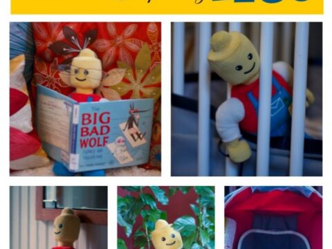 Collage of LEGO-inspired figures: 1) Reading Big Bad Wolf, 2) Behind bars, 3) Playing guitar, 4) In a plant, 5) Wearing a helmet in a booster seat. Text reads Family Game Night Inspired by LEGO.