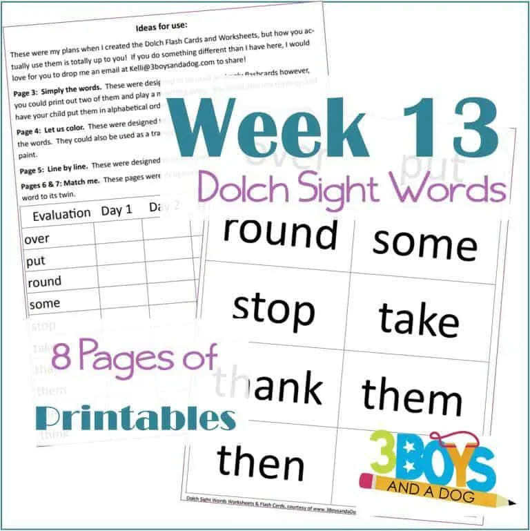 8 pages of printables, week 13, Dolch sight words
