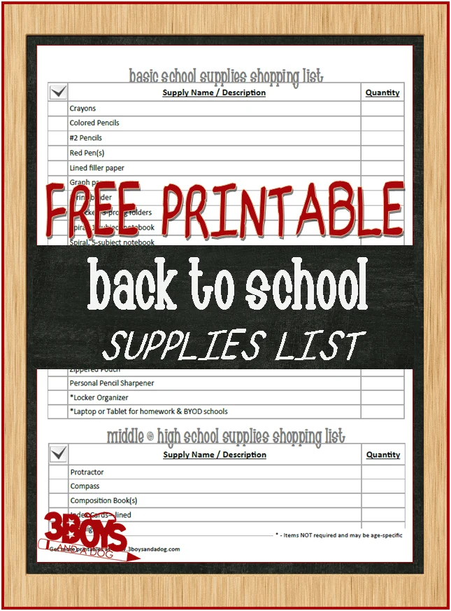 free printable school supplies list