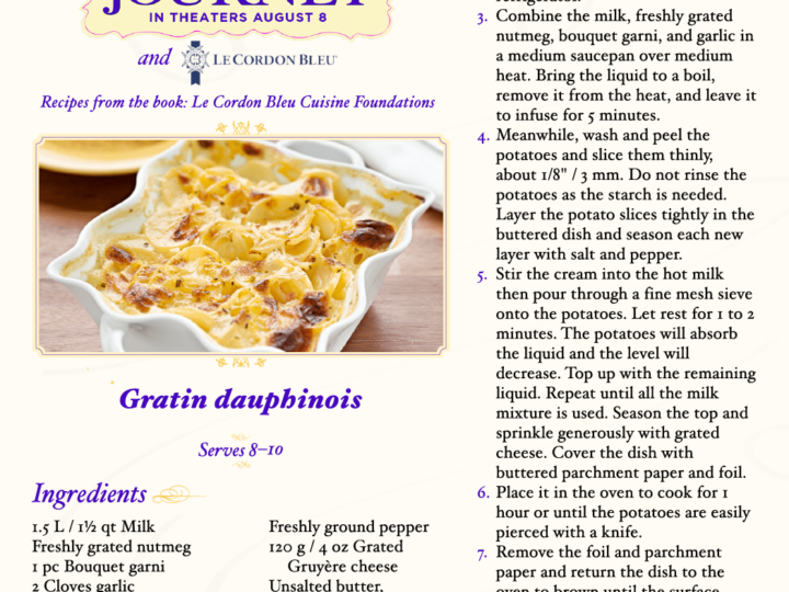 Recipe card for Gratin Dauphinois, a twist on the classic scalloped potatoes recipe from The Hundred-Foot Journey. Ingredients like milk, garlic, potatoes, and cheese come together. Follow steps to preheat the oven and layer potatoes. The card features a decorative border with film branding.