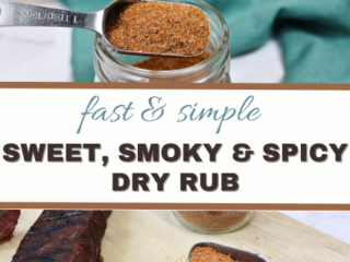 A jar of Sweet, Spicy and Smoky Dry Rub seasoning with a spoonful on top. Text overlays read fast & simple and SWEET, SMOKY & SPICY DRY RUB. A piece of cooked meat is visible with spilled seasoning next to it, set against a green cloth backdrop.