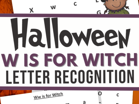 A Halloween-themed worksheet titled W is for Witch Letter Recognition features scattered letters, some highlighted for learning. A cartoon witch graces the corner, against a spooky dark orange background. Perfect for those seeking engaging Halloween handwriting printables.