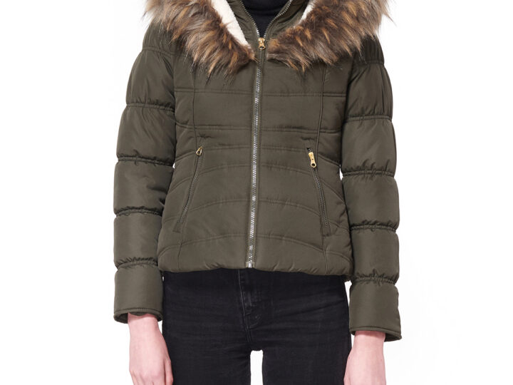 Image for Juniors Maralyn & Me Short Puffer Jacket with Faux Fur Trim Hood