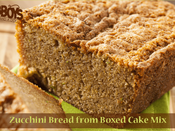 A close-up of sliced zucchini bread on a wooden surface. The bread boasts a golden-brown crust and moist texture. Text reads, Easy Cake Mix Recipe: Zucchini Bread from Boxed Cake Mix.