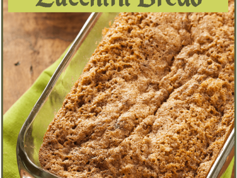 A loaf of zucchini bread in a glass baking dish rests on a green cloth, evoking the warmth of home-baked goodness. The header proudly announces: Zucchini Bread: An Easy Cake Mix Recipe.