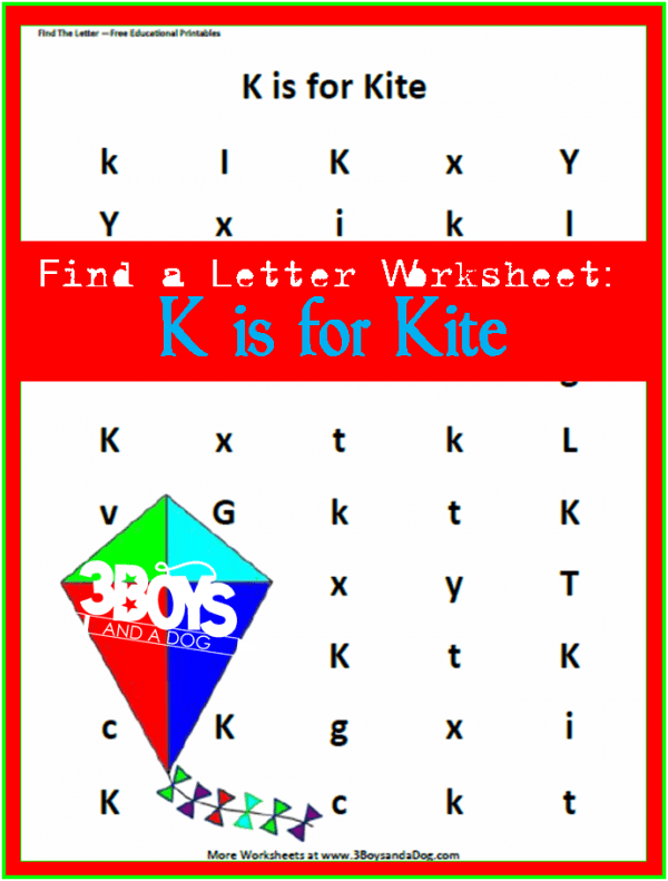 letter find worksheet for letter K is for Kite