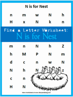 letter find worksheets: find the letter N is for Nest