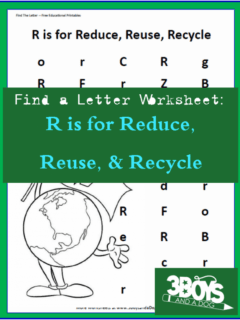 Reduce, Reuse, Recycle Letter find worksheet for alphabet recognition during Earth Appreciation Month