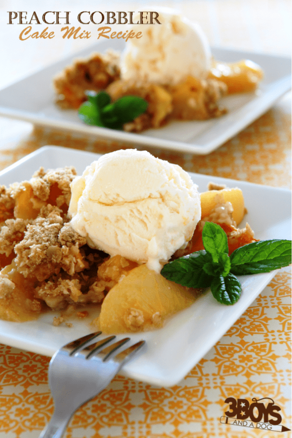 Only 4 ingredients needed to make this super easy Peach Cobbler Cake Mix Recipe!