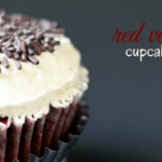 Close-up of a red velvet cupcake topped with creamy frosting and chocolate sprinkles. Text reads best red velvet cupcake recipe in red and white, with a logo at the bottom right corner.