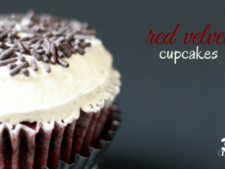 Close-up of a red velvet cupcake topped with creamy frosting and chocolate sprinkles. Text reads best red velvet cupcake recipe in red and white, with a logo at the bottom right corner.