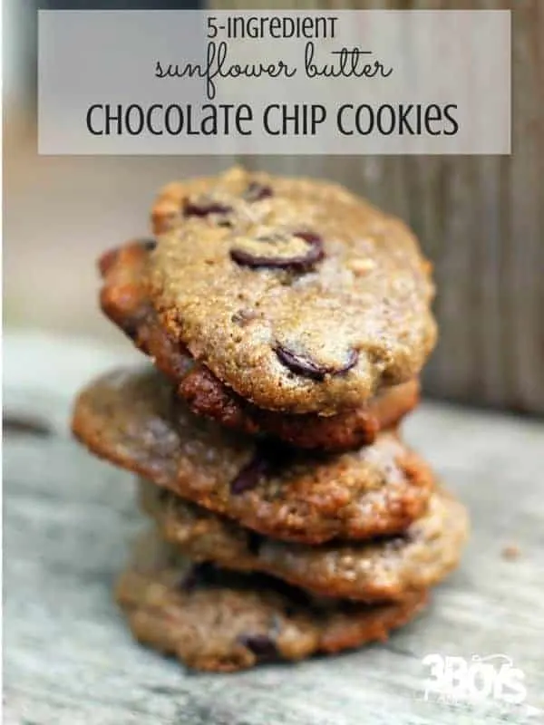 5 ingredient chocolate chip cookies made with sunflower butter. An easy cookie recipe that your kids will love with a hidden health boost.